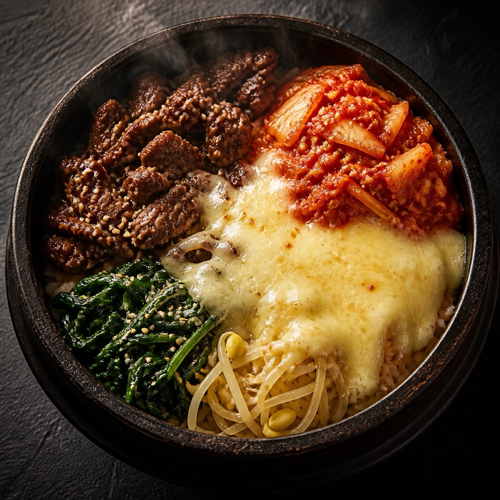Fried Beef with Cheese & Kimchi Bibimbap